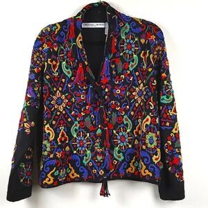 Michael Simon Embroidered Collared Cardigan with Tassels 1992 Vintage